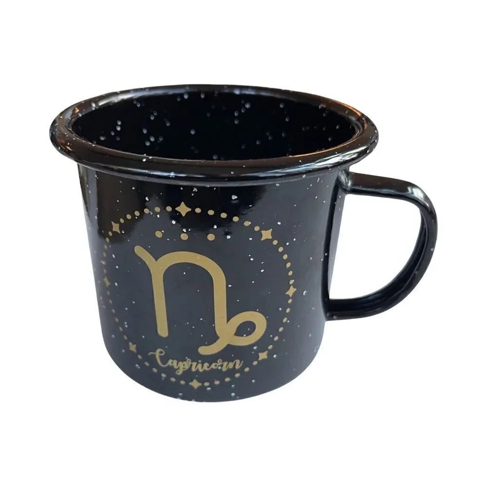 Capricorn Astrology 18 oz Enamel Campfire Mug Zodiac Symbol Blk White & Gold NWT